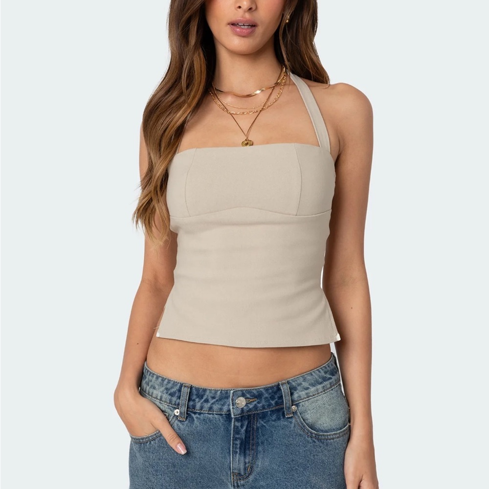 Edikted Beige Halter Crop Top